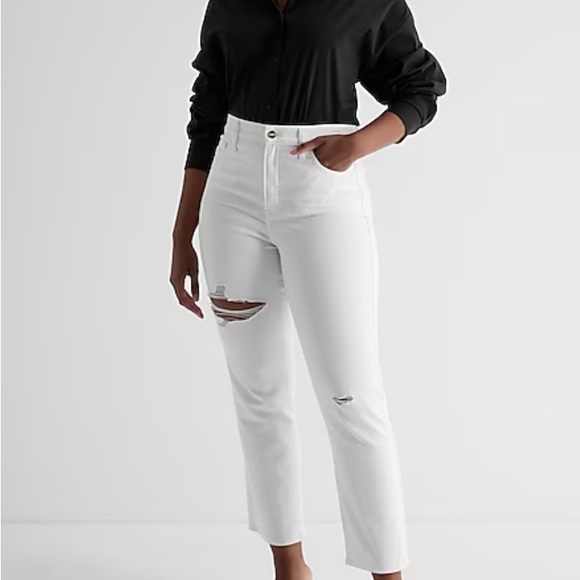 Express Ladies High Waisted White Ripped Straight Ankle Jeans NWT Size 12R - Picture 2 of 6